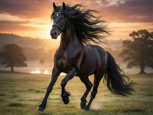 Schwarzes Pferd im Galopp bei Sonnenuntergang – Kraftvolle Tierfotografie